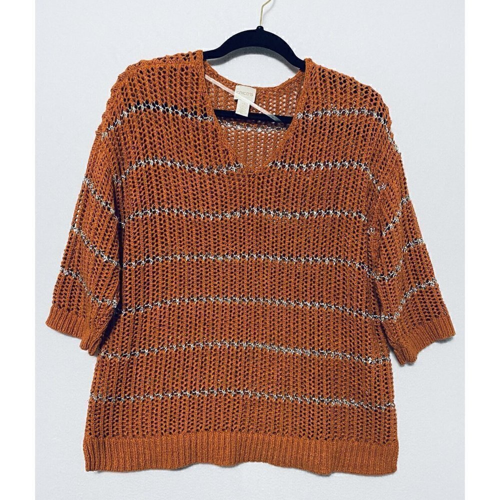 Chicos 2 Womens L/12 Orange Crochet Knit Sweater Gold Metallic 3/4 Sleeves Boho